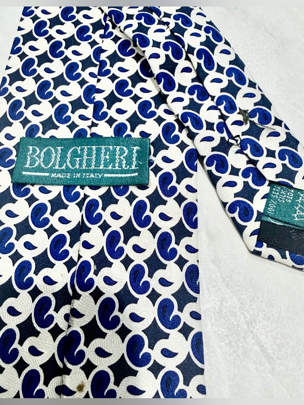 Vintage Bolgheri Made in Italy Silk Tie Blue Cream Paisley Geometric